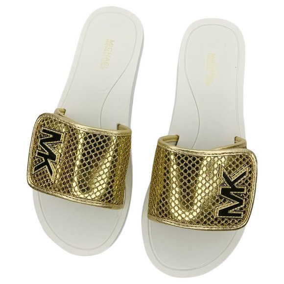 NWT MICHAEL KORS AUTHENTIC WOMEN'S WHITE GOLD SLIP ON SLIDES SANDALS SIZE 6 8 - Picture 3 of 6